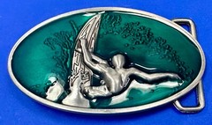 Surfer Riding A Wave Hang 10 Oval Aqua Ocean Sea Blue Color Belt Buckle