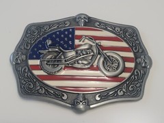 Silver Finish Biker XL Belt Buckle American Biker Belt Buckle US Flag Motorcycle