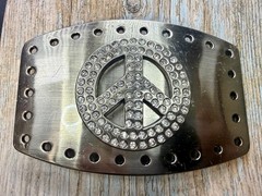 Peace Symbol Sign Rhinestone Bling Hole Border Hippy Silver Tone Belt Buckle