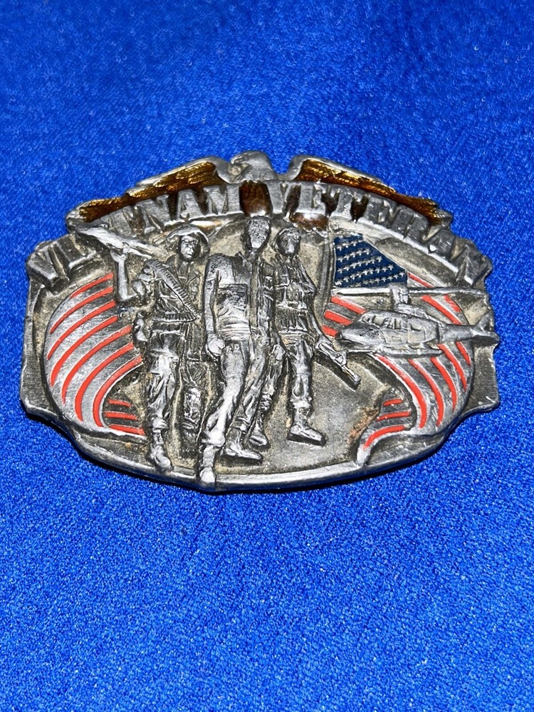 Vtg 1989 Siskiyou Vietnam Veteran USA 3.5&Prime; Enameled Pewter Belt Buckle *As Is*