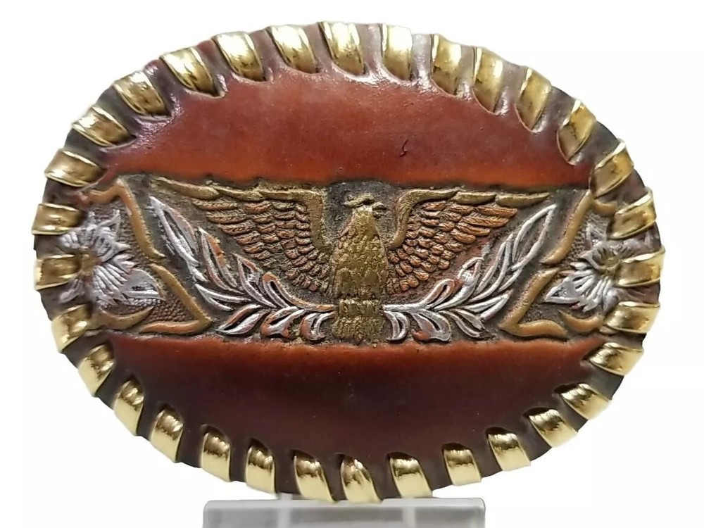 EAGLE Belt BUCKLE Sm LEATHER w/ Silver+Gold Edge LACING Handmade Western/Biker