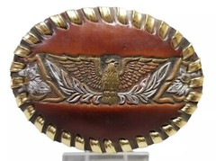 EAGLE Belt BUCKLE Sm LEATHER w/ Silver+Gold Edge LACING Handmade Western/Biker