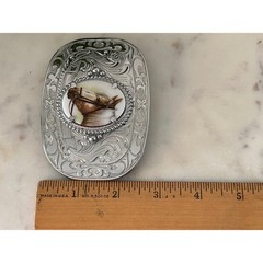 Vintage Western Horse Belt Buckle Silver Tone Engraved Floral Equestrian Oval