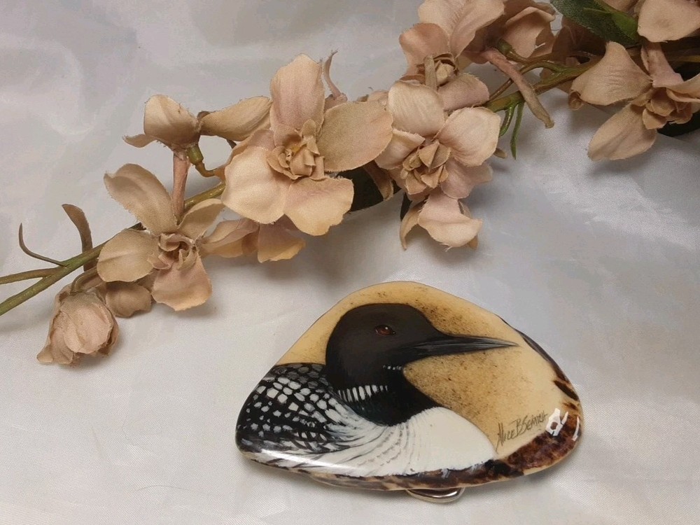 Belt Buckle Antler Elk Hand Painted Bird Signed By Artist Alice B Semich Nice