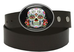Day of the Dead Sugar Skull Silver Oval Halloween Handmade Belt Buckle – 55