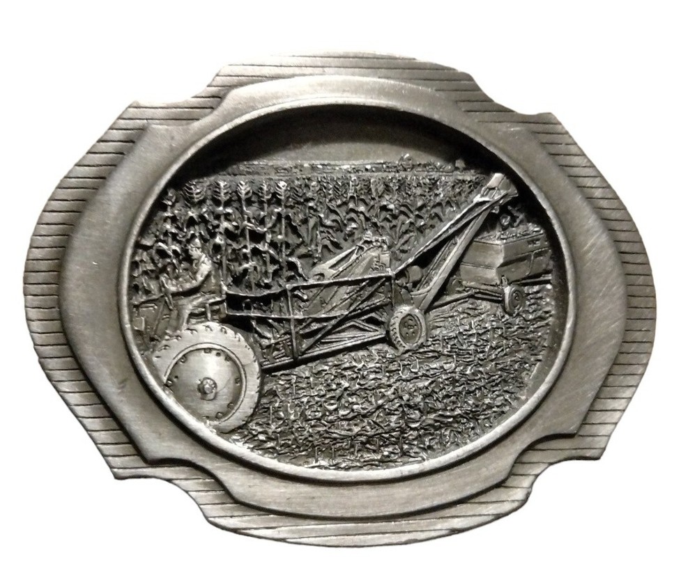 Vtg Pewter Belt Buckle Mechanical Corn Picker 1989 IOWA PREMIUM SPECIALTY CO.