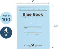 Exam Blue Books, 100 School Examination Booklets, 8.5&Prime; X 7&Prime;, 4 Sheets/8 Pages, W