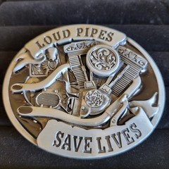 Loud Pipes Save Lives Belt Buckle Metal & Black Enamel Biker Motorcycle Engine