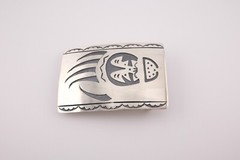 Navajo Belt Buckle Sterling Silver Bear Paw Overlay Signed Handmade Jewelry**