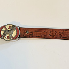 Vintage Dalmatian Belt Buckle W/ Firemen, EMTs & Fire Trucks Leather Belt XL