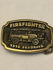 Vintage Firefighter 1910 Seagrave Fire Truck Belt Buckle Solid Brass BTS MadeUSA