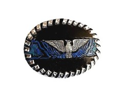 EAGLE Belt BUCKLE w/ SILVER Edge LACING Handmade Sm. BLACK LEATHER Western/Biker