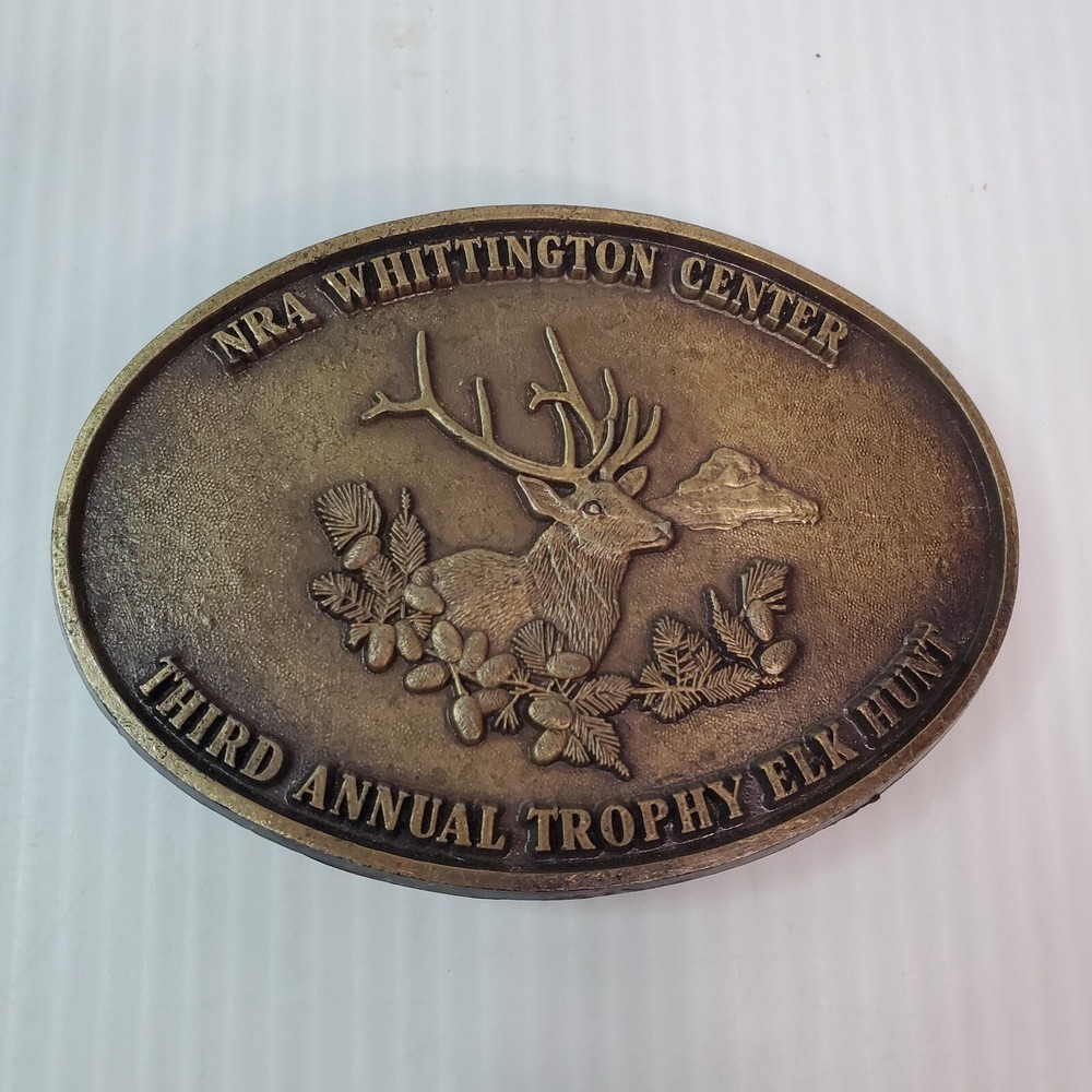 NRA 3rd Annual Trophy Elk Hunt Whittington Center Belt Buckle 3.5×2.5&Prime; VTG
