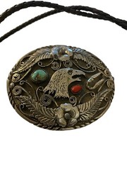 SSI Silver Turquoise Coral American Eagle Feathers Flower Belt Buckle & Bolo Tie
