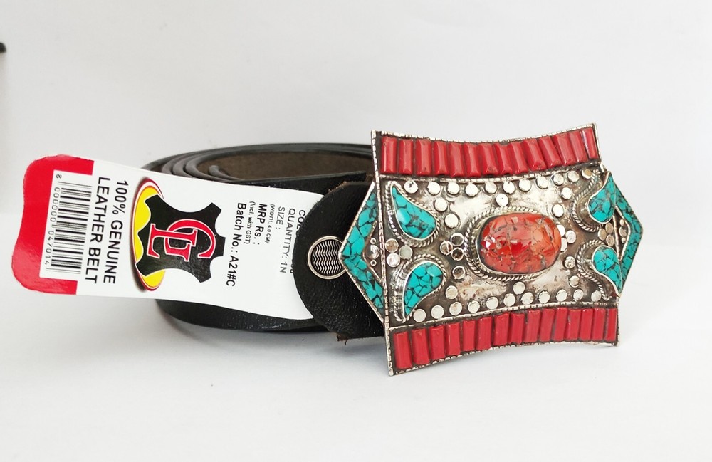 Tibetan Silver Buckle Leather Belt waist trap Turquoise Coral Clasp, B52