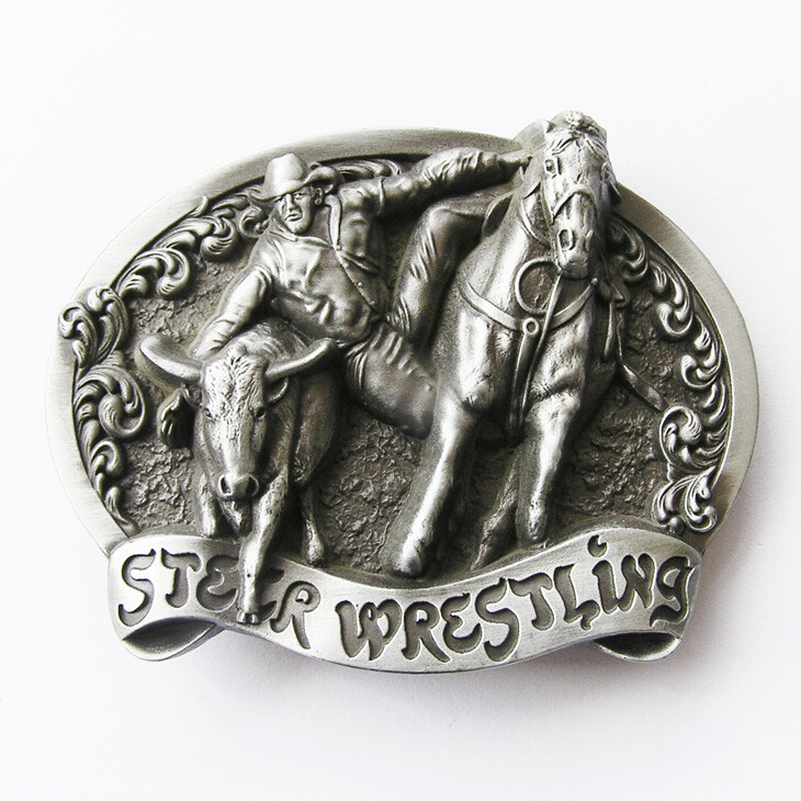 Steer Wrestling Cowboy Rodeo Western Metal Belt Buckle