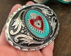 Sacred Heart Belt Buckle Valentines Day Turquoise Crown Mexican Art Western
