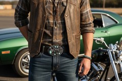 Men Western Oval Buckle Silver Metal Revolver Pistol Gun Feather Bull Turquoise