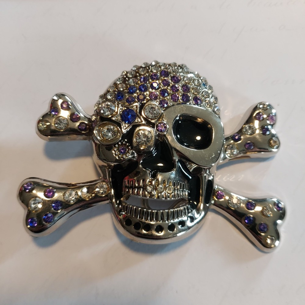 Silver Rhinestone Skull and Crossbones Belt Buckle Purple Blue Crystals 4×3