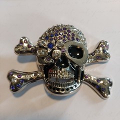 Silver Rhinestone Skull and Crossbones Belt Buckle Purple Blue Crystals 4×3