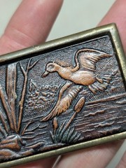 1970s vintage TOOLED belt buckle HANDCRAFTED leather DUCKS hunting WESTERN brass