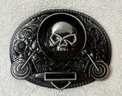 1999/Y2K Roses Motorcycle & Skull Distressed X3 Metal Belt Buckle Black Oval Vtg