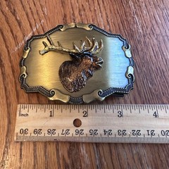 Raintree Belt Buckle Mens Gold Vintage 1977 1978 Elk Deer Moose 3D Relief Rustic