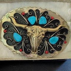 Handcrafted Men&rsquo;s Western Longhorn Skull Genuine Turquoise Belt Buckle 1.5&Prime;