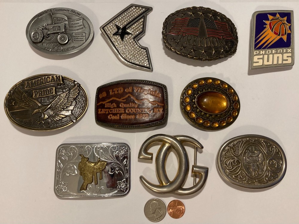 Vintage Lot of 10 Nice Style Belt Buckles, Tractor, Basketball, American, More