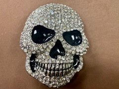 Creepy Skull Grinning Teeth Black Enamel Clear Rhinestone Covered Belt Buckle
