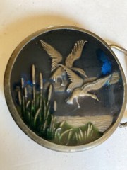 Belt Buckle Vintage 1976 Indiana Metal Craft Ducks Flying Round