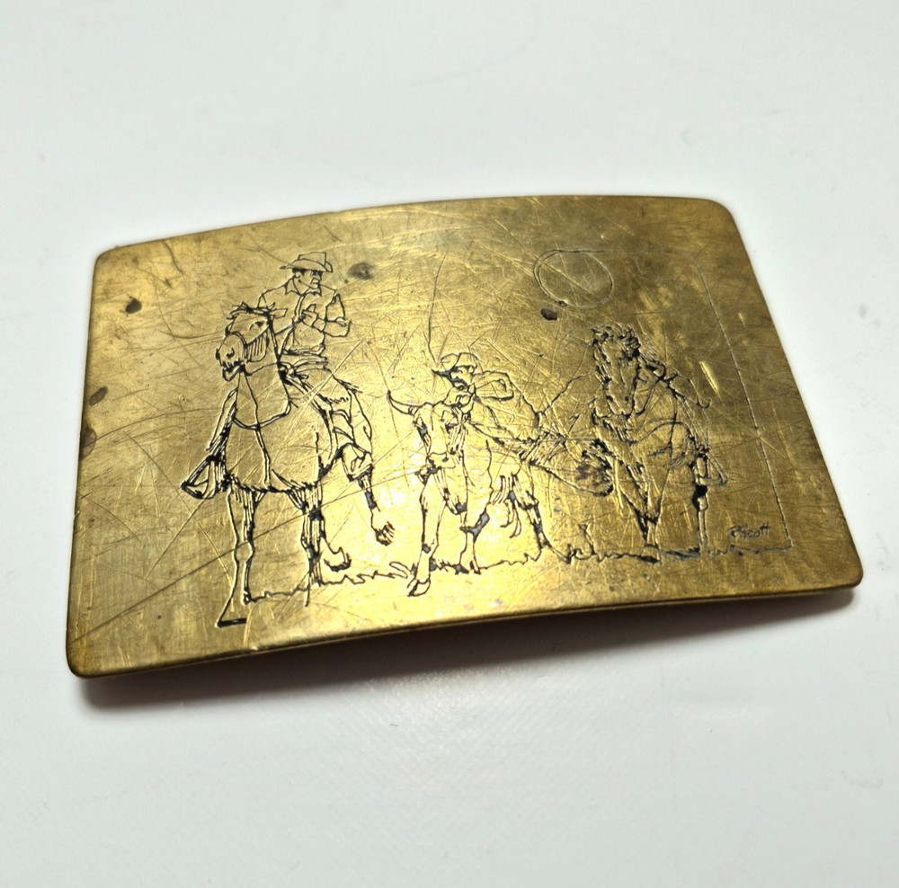 Western Country Cowboy Belt Buckle, Solid Brass, Ampersand Kalamazoo, USA