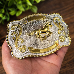 Gold Horse Belt Buckle Mens Western Cowboy Rodeo 40mm Large Silver Engraved