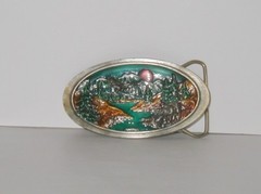 C+J Alaska Belt Buckle Made USA C&J 1987 Multi Colored Eagle Elk Denali Sun