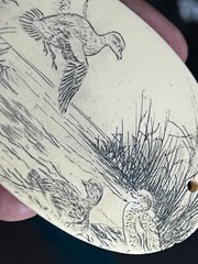 VTG Faux Bone Scrimshaw Carved Wild Goose Scenery&Display Stand/was Belt Buckle?