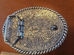Justin Boots Brand – Belt Buckle Fillagree Engraved Scroll Work Oval Nice