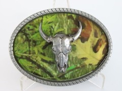 New Skull Bull Steer Cow Belt Buckle Green Camo Background in Package