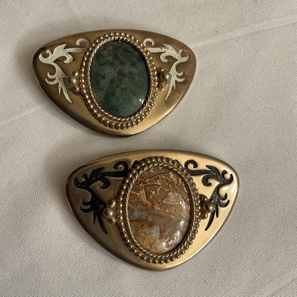 Lot of 2 Blue-Gray & Tan Stones Belt Buckles Silver