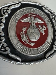 U.S. Marines Belt Buckle Pewter & Red Enamel Vintage United States Marine Corps