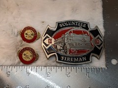 VTG Volunteer Fireman Red Enamel Belt Buckle FD Fire Department Truck + 2 pins