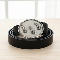 Belt Buckle Giraffe Family Antique Silver Oval Animal Print Safari Nature Design