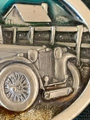 VINTAGE Belt Buckle PEWTER/ENAMEL Antique Convertible Car Fence Farm House 1984