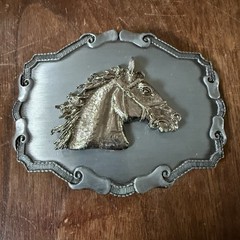 Vintage Horse Head Western Pewter Belt Buckle Raintree Made In USA 70s
