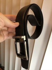 Salvatore Ferragamo Gun Metal tone Rectangle Buckle black leather belt