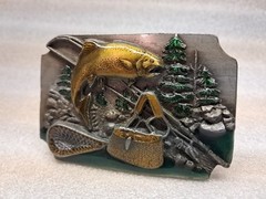 Vintage Siskiyou Belt Co Fly Fishing Outdoors Belt Buckle Brown Rainbow Trout