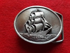 PEWTER BELT BUCKLE, « SAILING » 3-D DESIGN, SISKIYOU-BERGAMOT USA, MAN-0724*08416