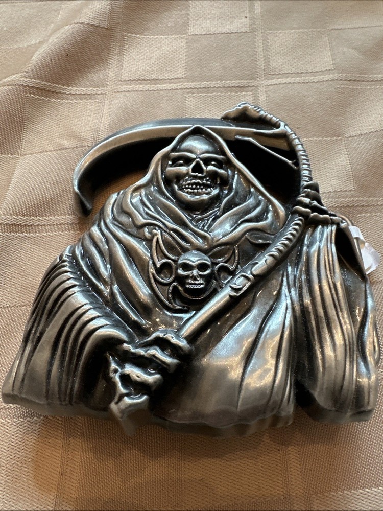 Metal Belt Buckle Grim Reaper Skull Scythe 3D Relief Silver Tone Biker Style