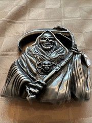 Metal Belt Buckle Grim Reaper Skull Scythe 3D Relief Silver Tone Biker Style