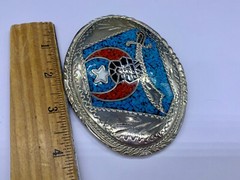 Egyptian Revival Turquoise Coral Inlay Silver Tone Oval Belt Buckle Signed