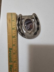 Western Horseshoe Belt Buckle Silver Tone Metal w/ Oval Agate Stone